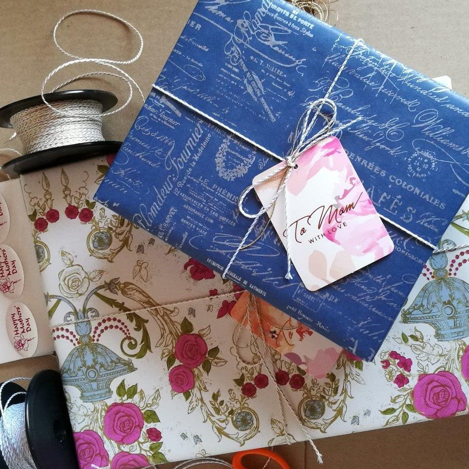 Two Gift Boxes wrapped in Vintage Blue and Floral Gift Wrap
