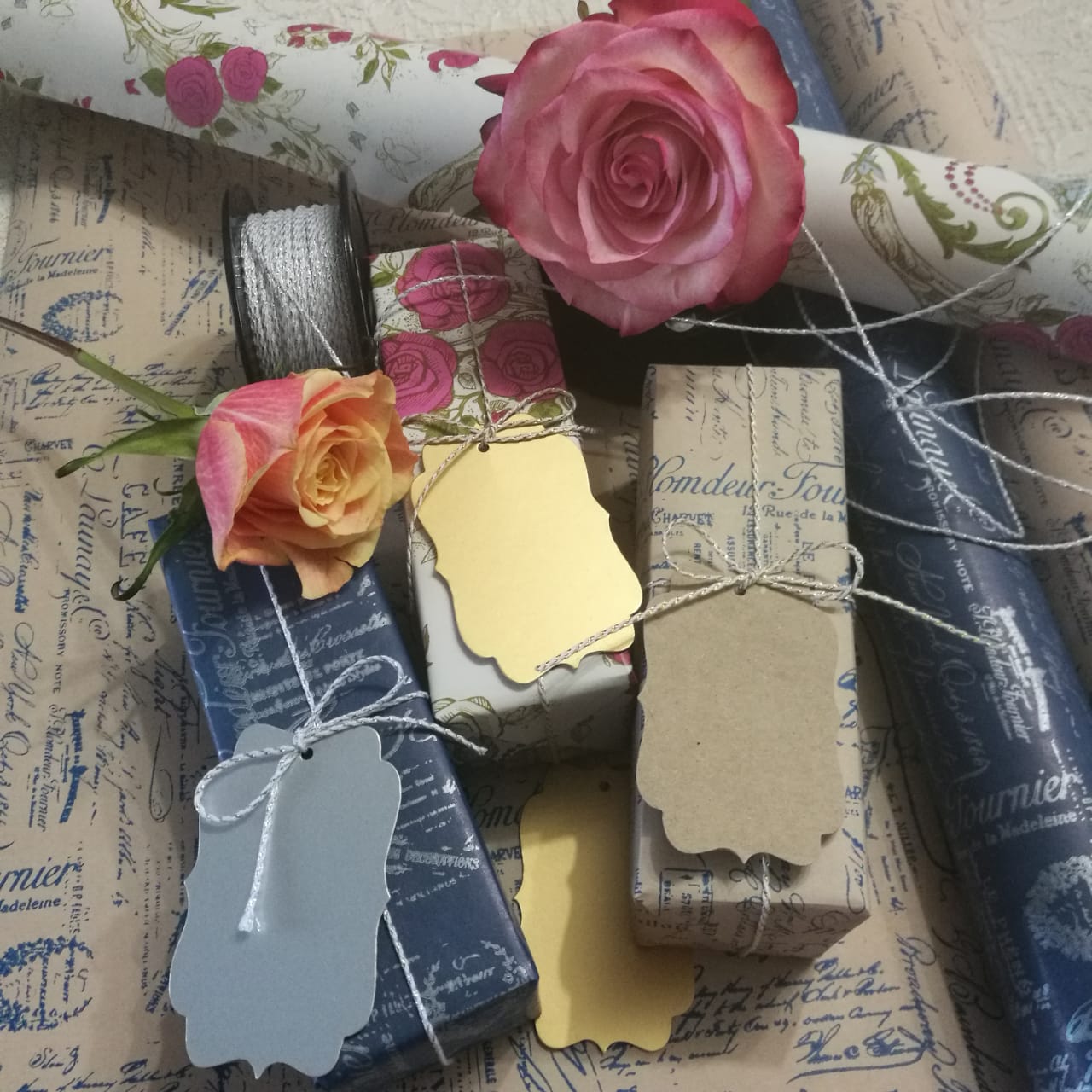 Three pairs of Ralferty Wood Sunglasses wrapped in Vintage Blue, Vintage Vanilla & Floral Gift Wrap