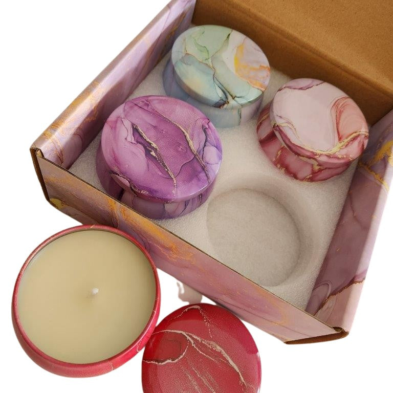 Marble Candle Gift Set | Open Box and One Candle Open | Bespoke Gift Boxes | In box | Unique Gift Ideas for Her | for Mom | for Women | for Females | for Wife | for Sister | for Girlfriend | for Grandma | for Friends | for Birthday | Gifting Made Simple