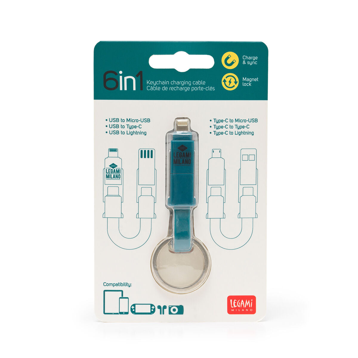 Legami 6 in 1 Keychain Charging Cable | Blister | Unique Gift Ideas for Her | for Mom | for Women | for Females | for Wife | for Sister | for Girlfriend | for Grandma | for Friends | for Birthday | Gifting Made Simple | Unique Gift Ideas for Him | for Dad | for Men | for Males | for Husband | for Brother | for Boyfriend | for Grandad