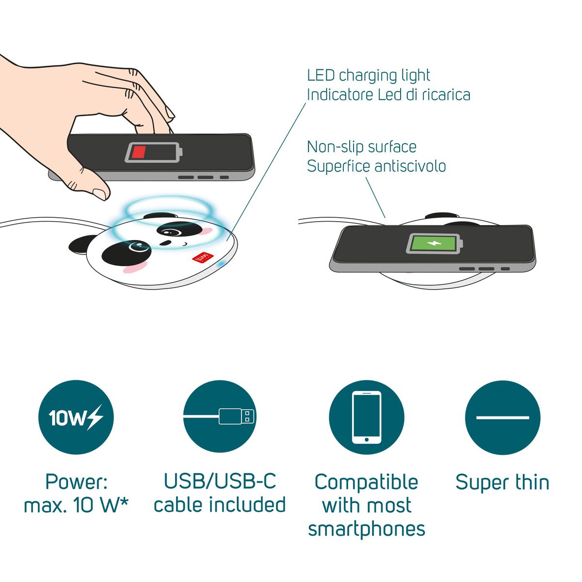 Legami Super Fast Wireless Charger - Panda | Info | Unique Gift Ideas for Her | for Mom | for Women | for Females | for Wife | for Sister | for Girlfriend | for Grandma | for Friends | for Birthday | Gifting Made Simple | Unique Gift Ideas for Him | for Dad | for Men | for Males | for Husband | for Brother | for Boyfriend | for Grandad